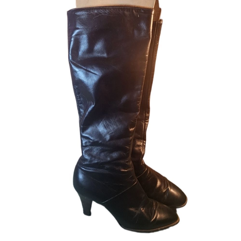 Options Shoes Boots Tall Leather Vintage Heels Black Womens Size 8 Medium